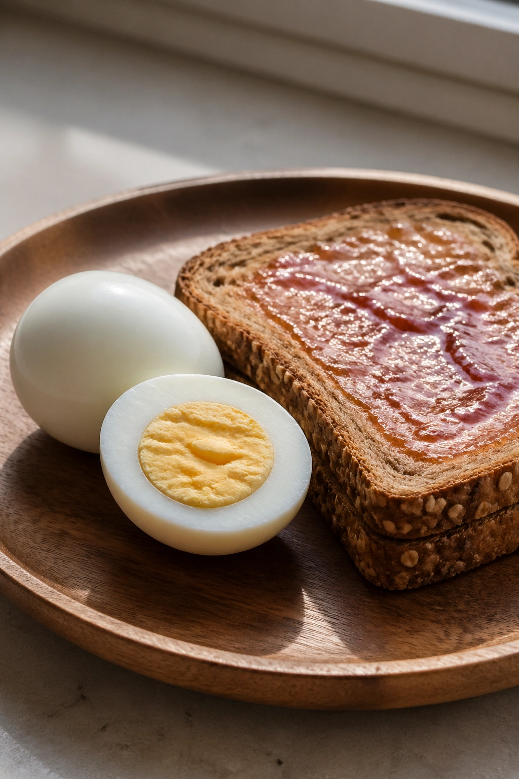 Close-up of hard-boiled eggs and whole-grain toast on a rustic plate