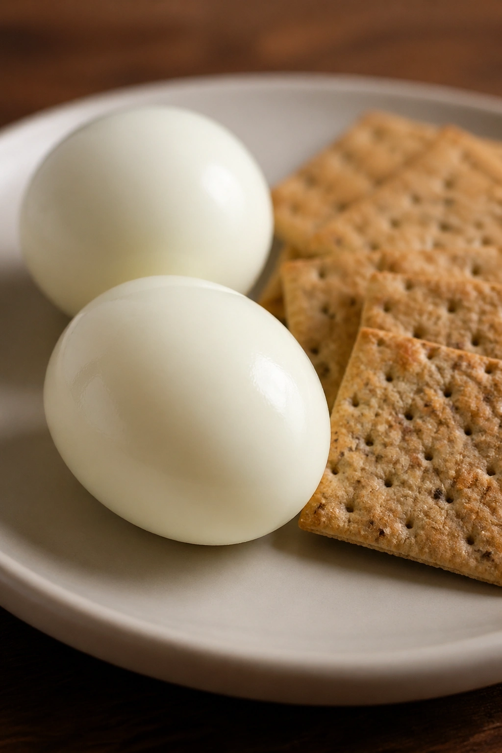 Two hard-boiled eggs with whole-grain crackers on plate