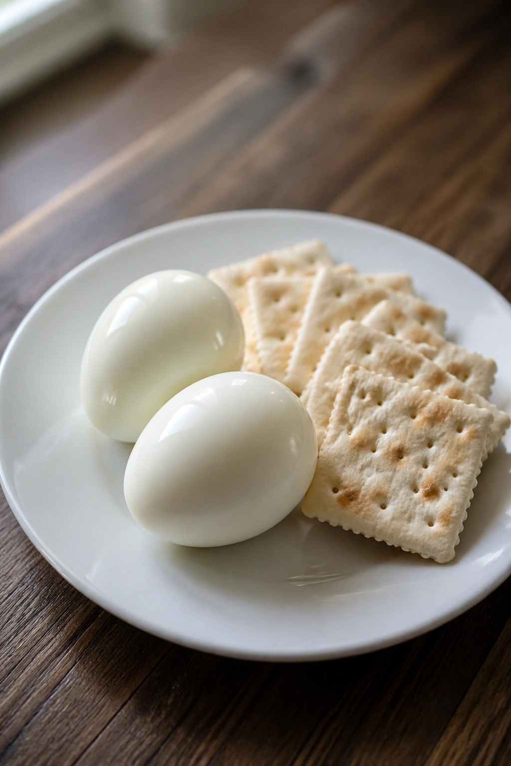Close-up of two peeled hard-boiled eggs with plain crackers on a plate for a savory pre-workout snack.