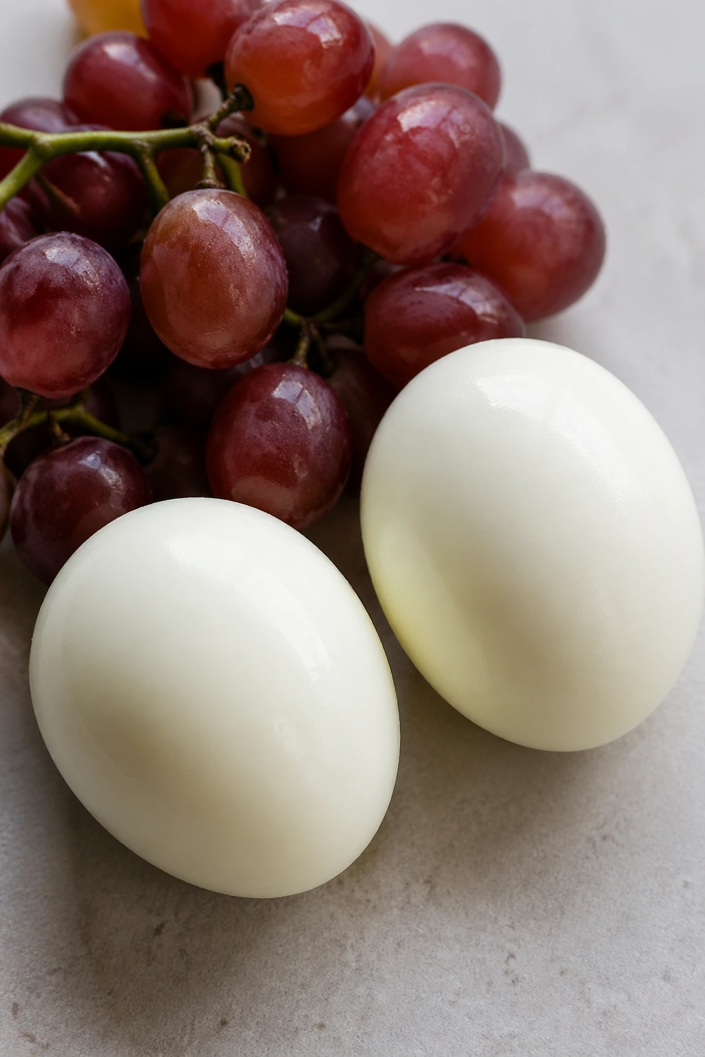 Two peeled hard-boiled eggs with grapes on kitchen counter
