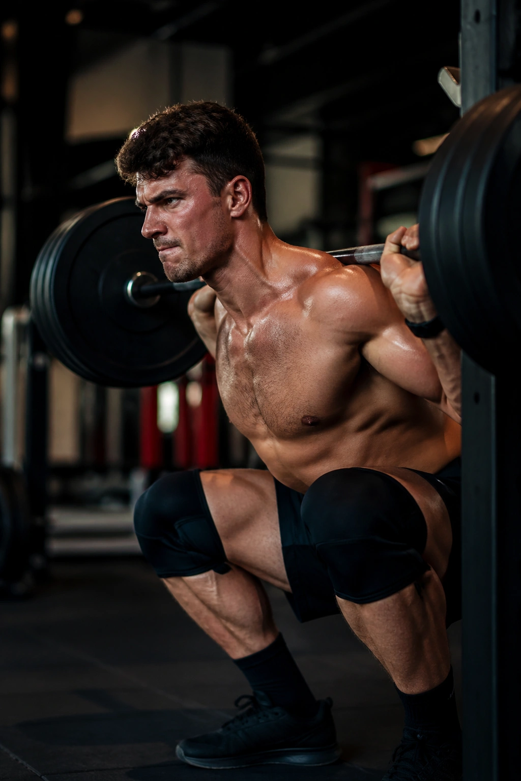 Person performing a heavy barbell squat with focused expression