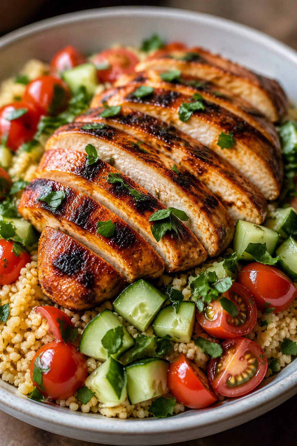 Harissa chicken couscous bowl with cucumber and tomatoes
