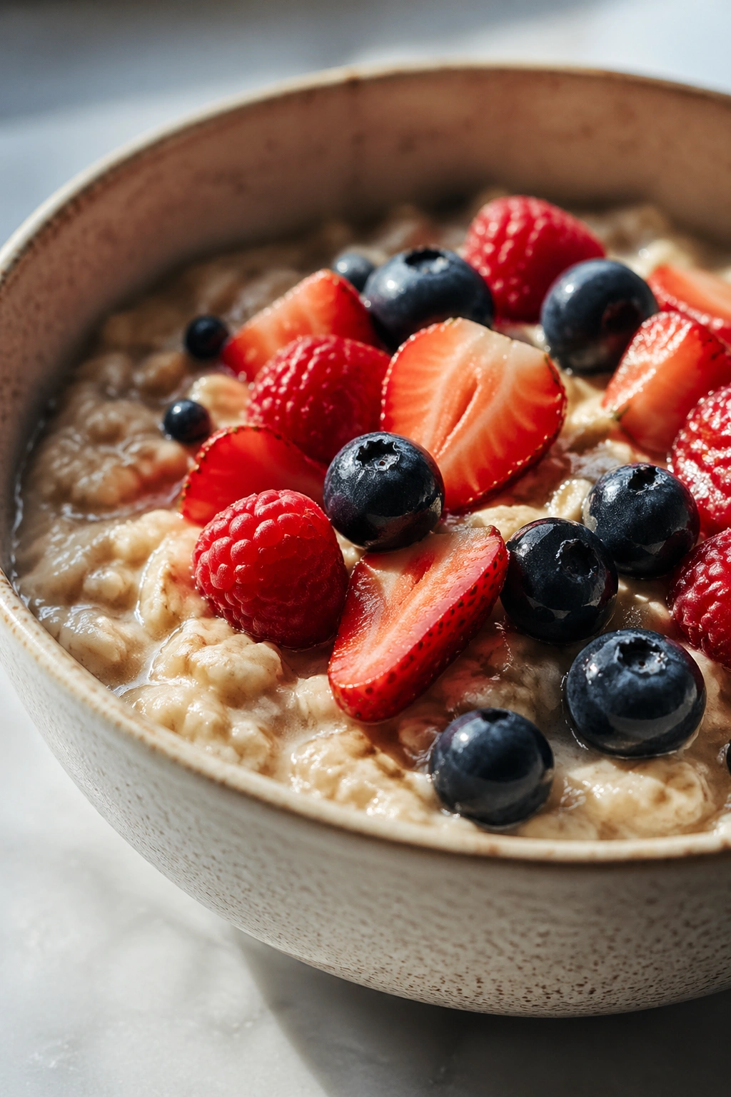 Close-up bowl of oats with berries on a kitchen counter
