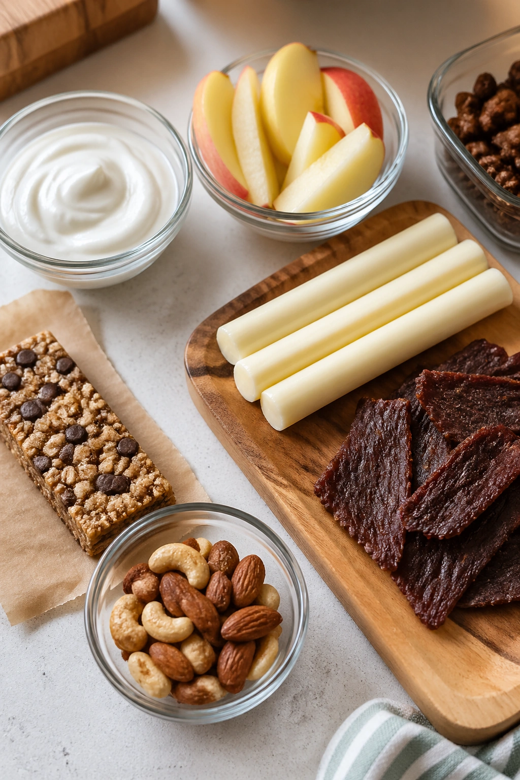 Top-down view of healthy snacks arranged on a kitchen counter for emergencies