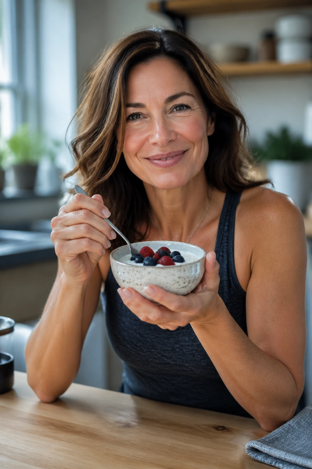 Real woman at a kitchen counter holding a healthy yogurt and berry snack
