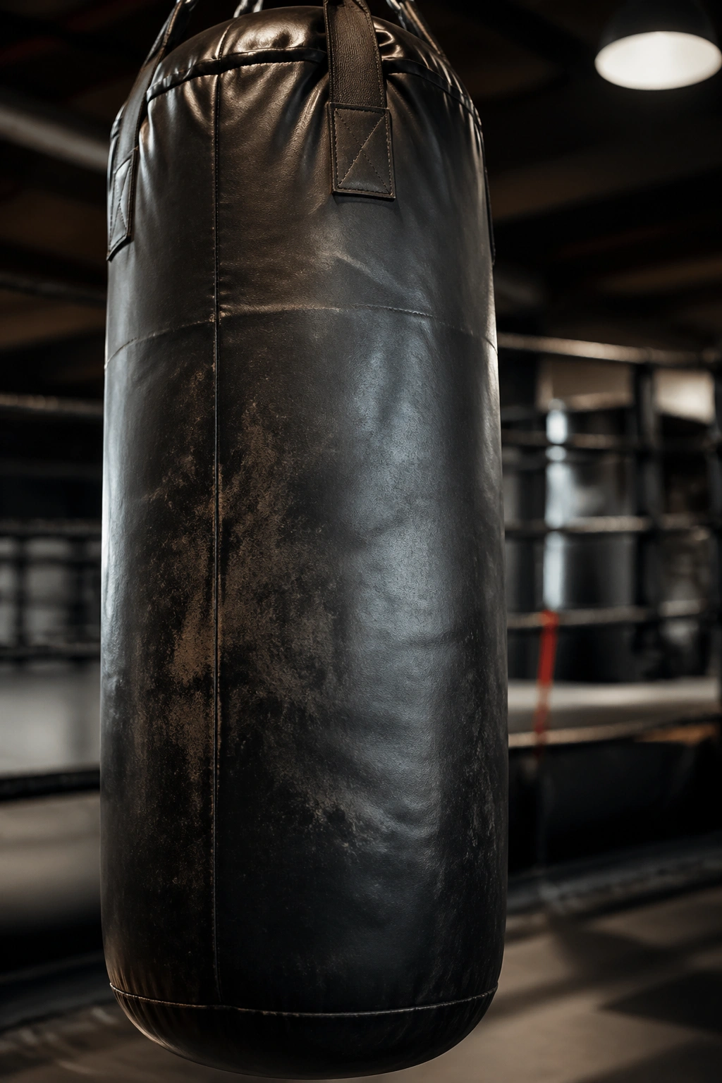 Close-up of a heavy punching bag in a gym setting.