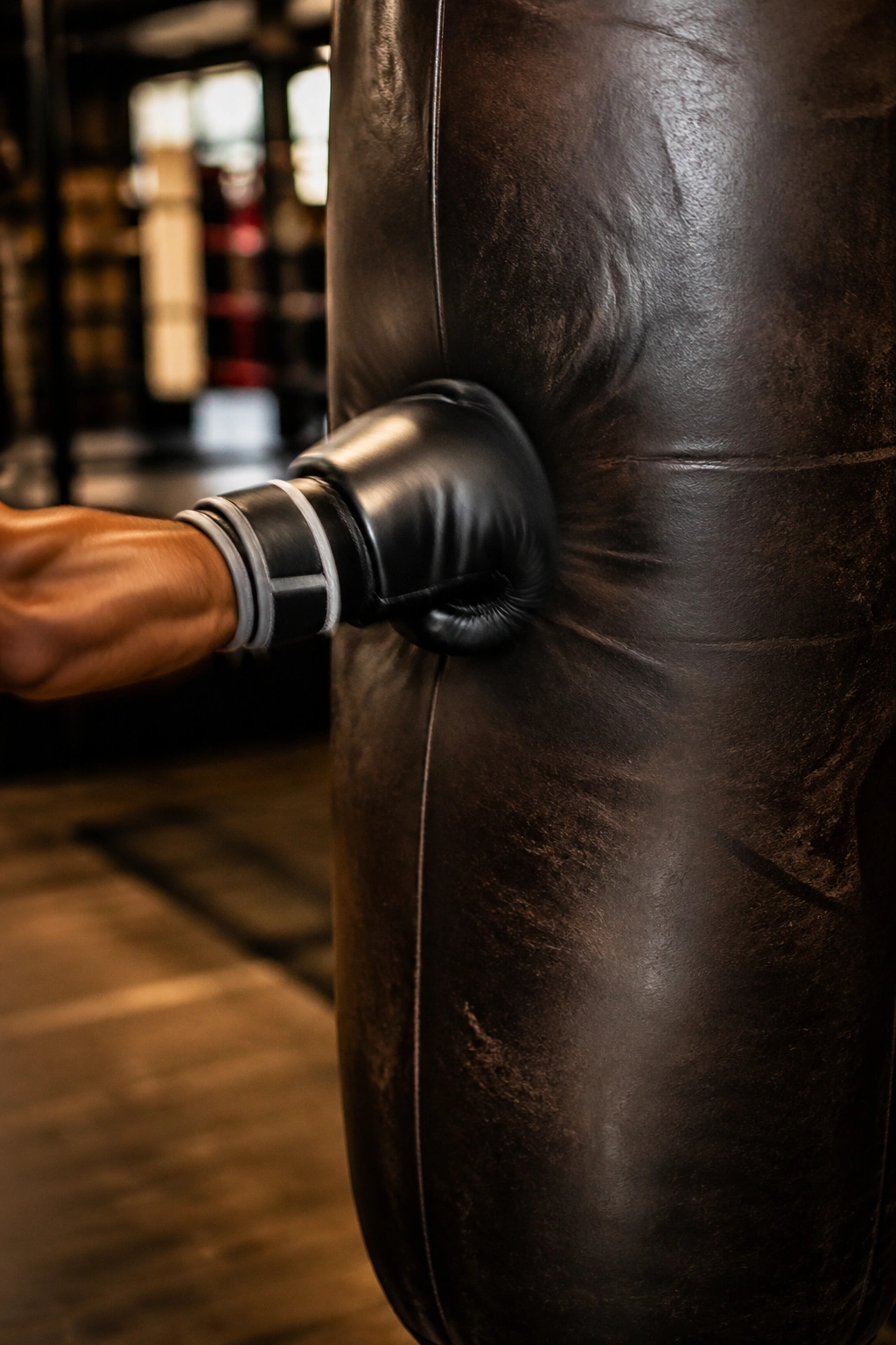 Close-up of a heavy bag with motion blur from a punch in a gym