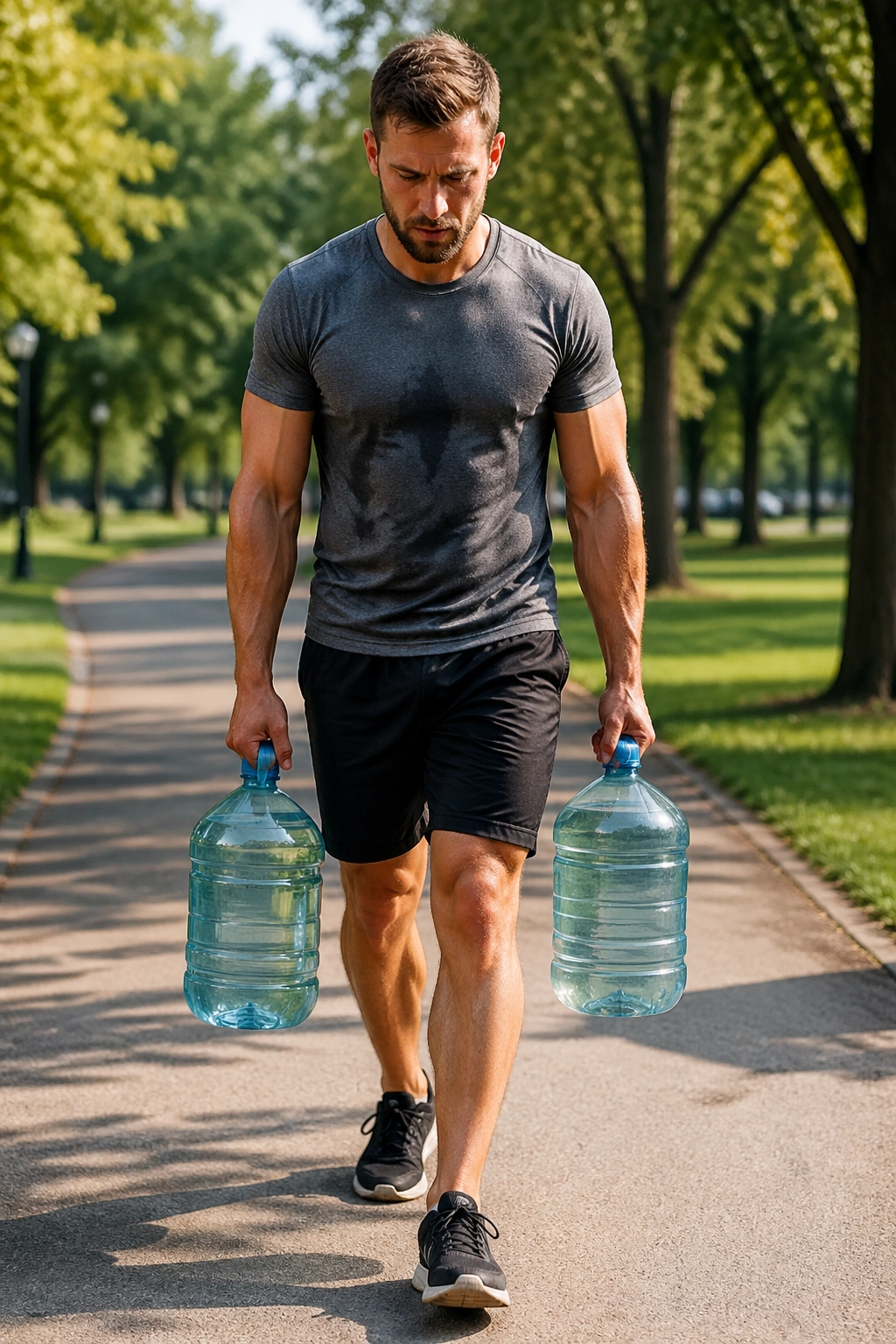 Person carrying two heavy water jugs while walking in a park.