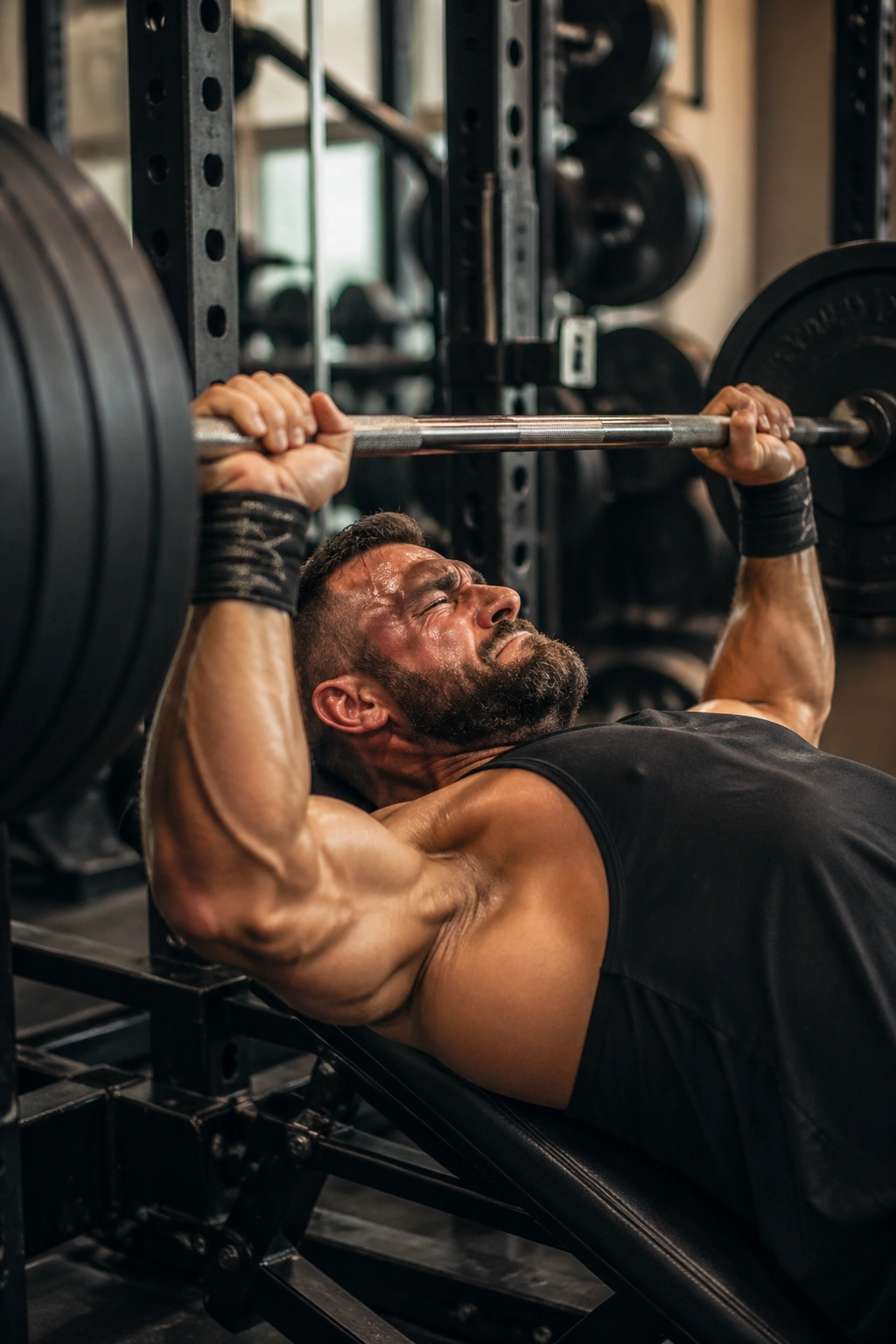Close-up of lifter gripping heavy barbell during bench press in gym