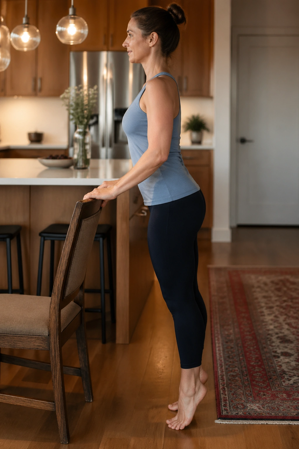 Close-up of a person performing heel raises with chair support.