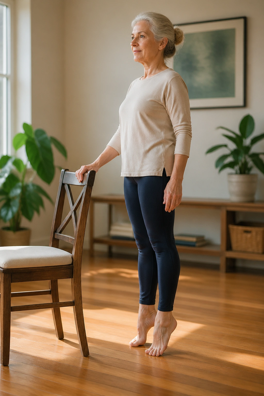 Senior performing heel raises beside a chair for balance