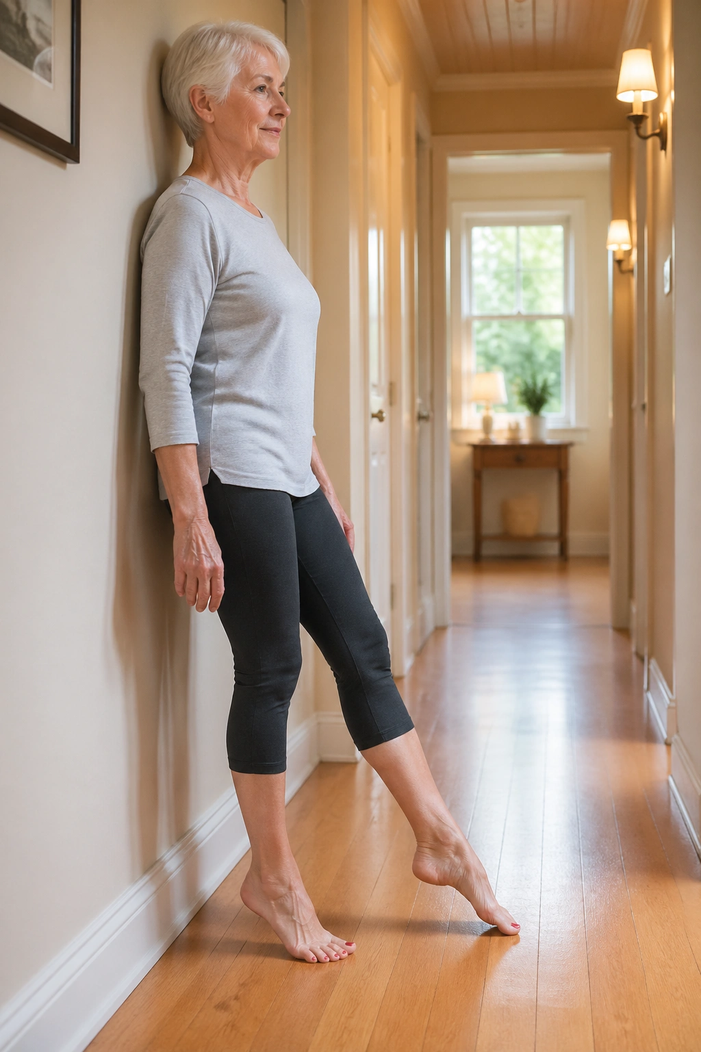 Senior performing heel raises and toe taps near a wall