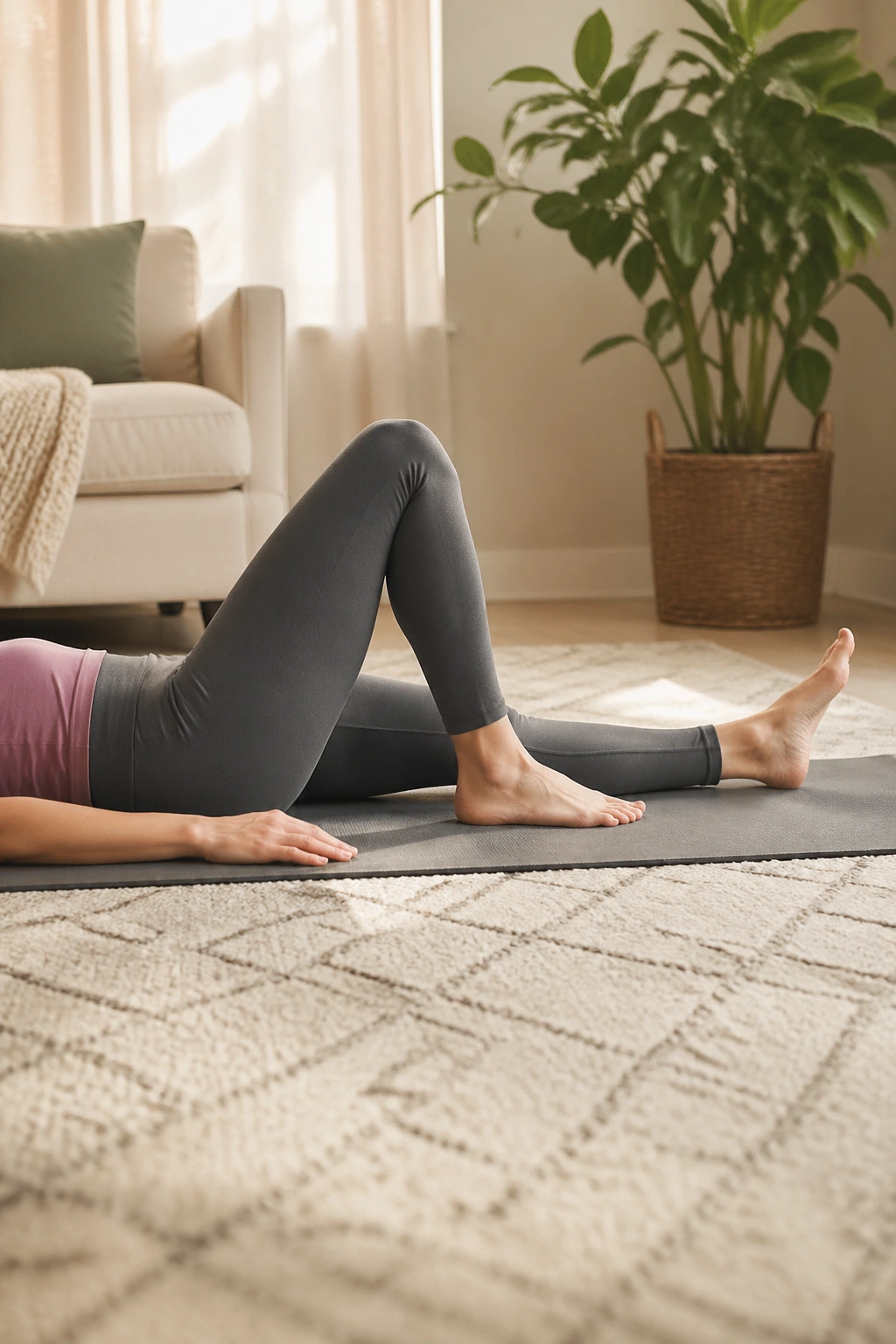 Close-up of a heel slide in progress with a stable pelvis on a postpartum mat.