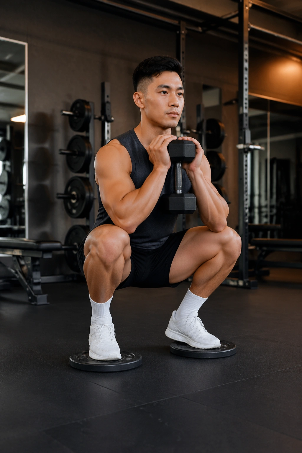 Lifter doing heels-elevated goblet squat with weight at chest in gym