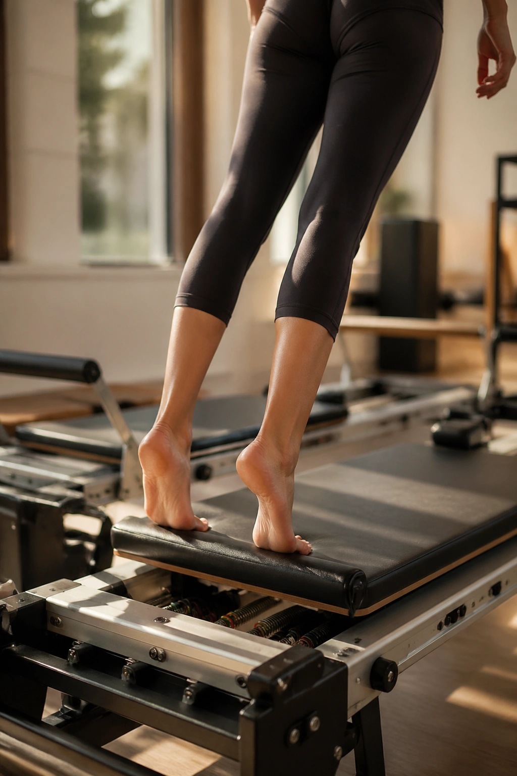 Person performing heels-lift footwork on a reformer, calves activated.