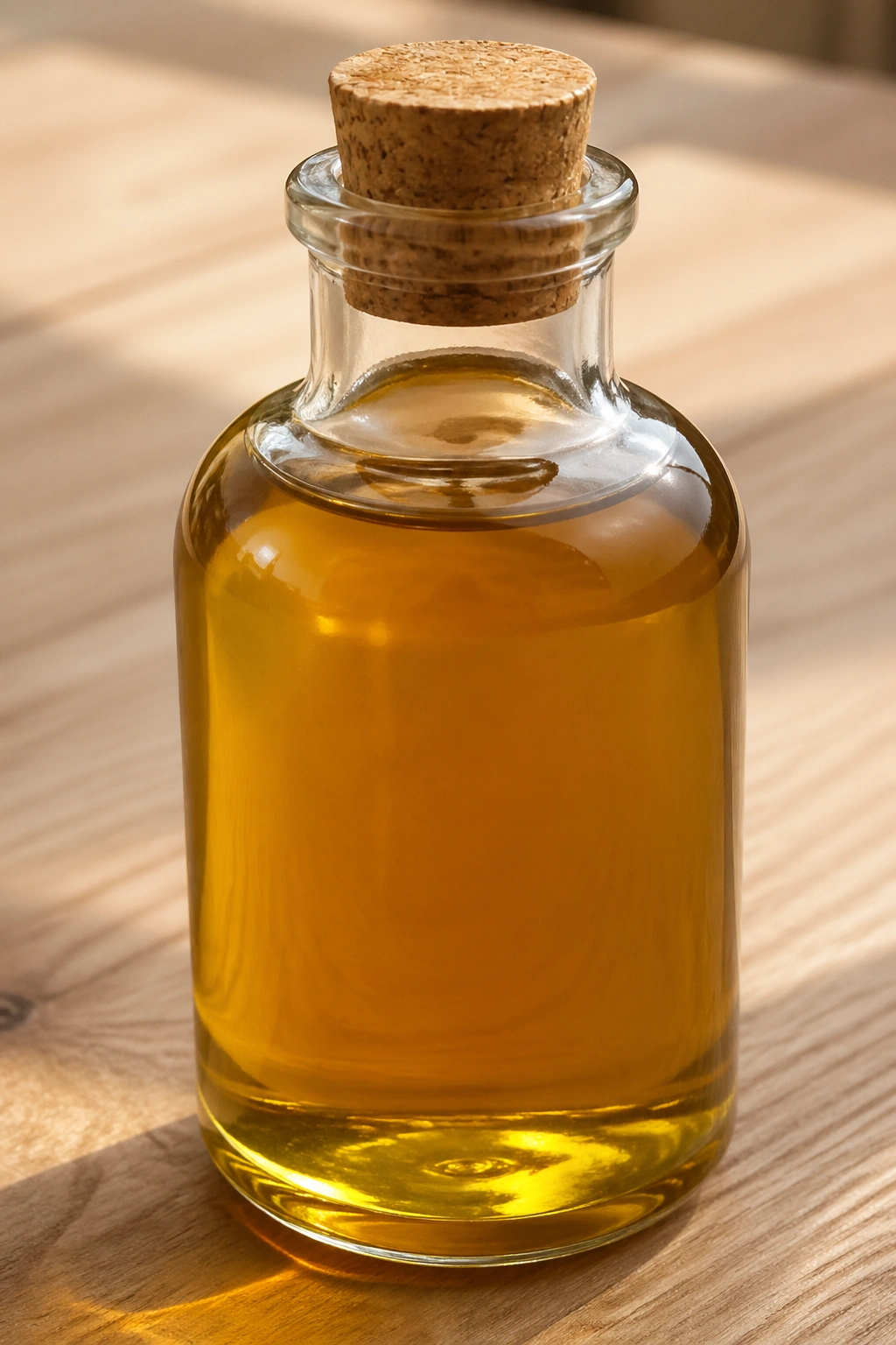 Close-up of a pale amber hemp seed oil bottle on a light wooden surface