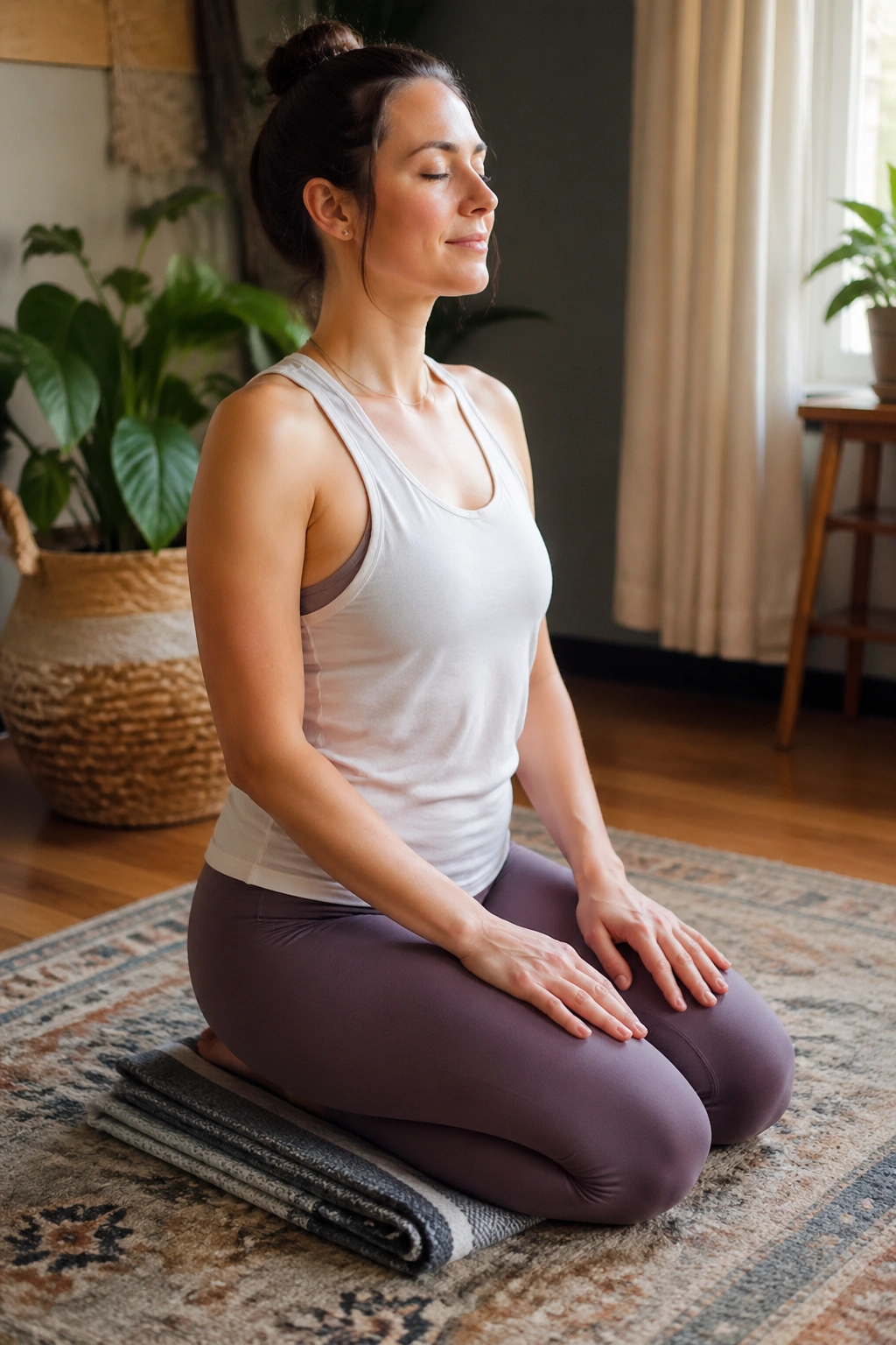 Real person in Hero Pose on a Blanket with upright spine