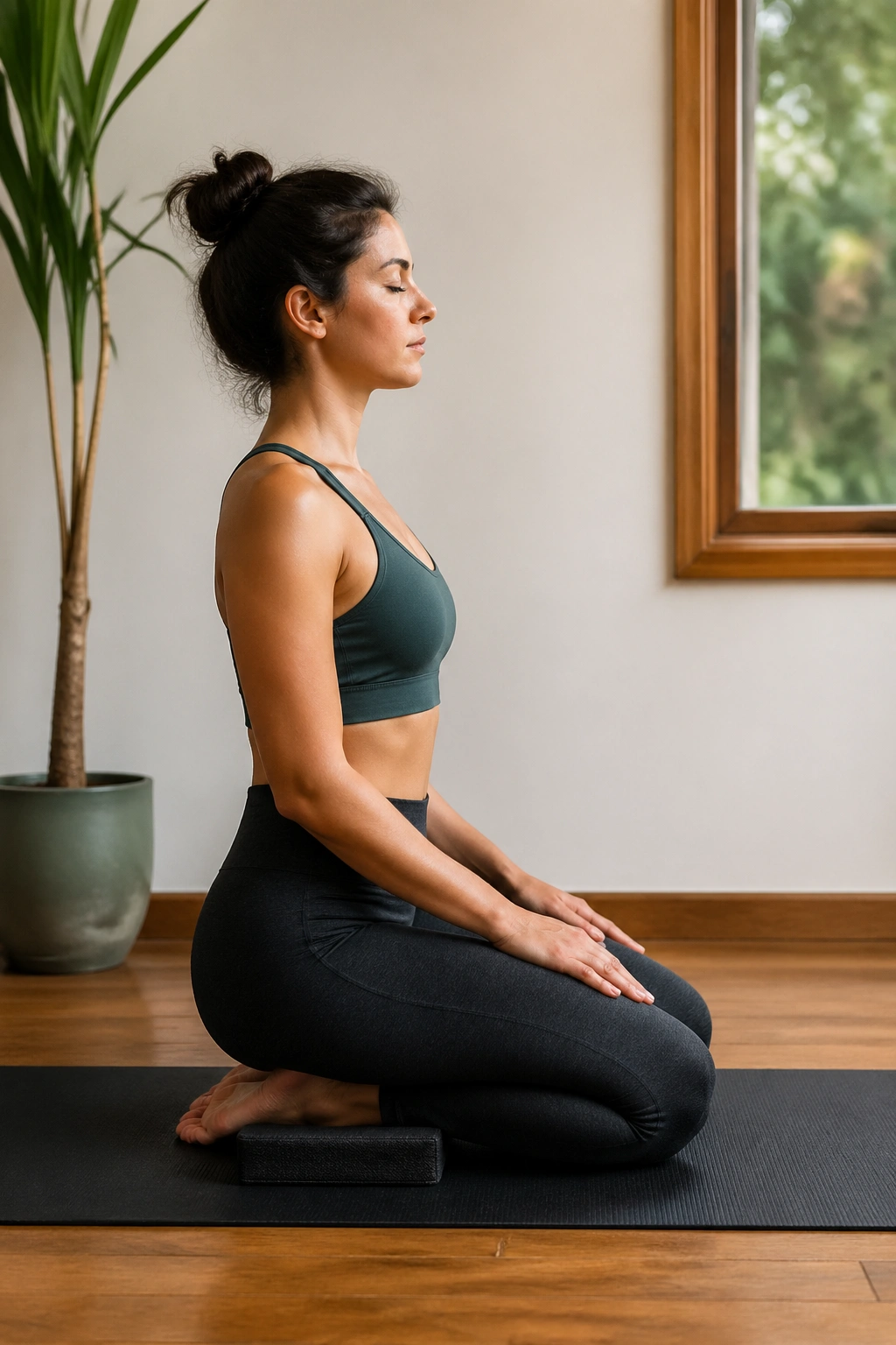 Hero pose with block under hips on yoga mat in calm room