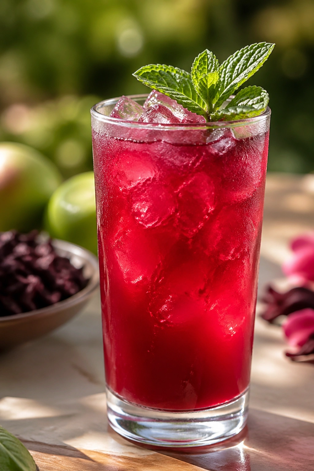 Ruby-red hibiscus drink with ice and mint.