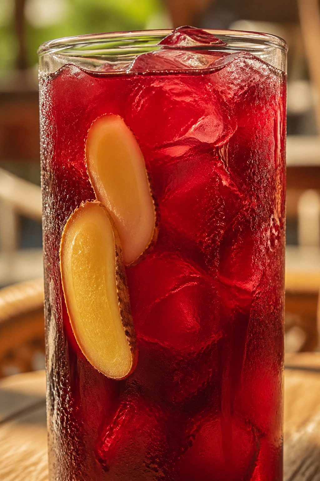 Close-up of a tall glass of iced hibiscus ginger tea with ice in a sunlit outdoor setting