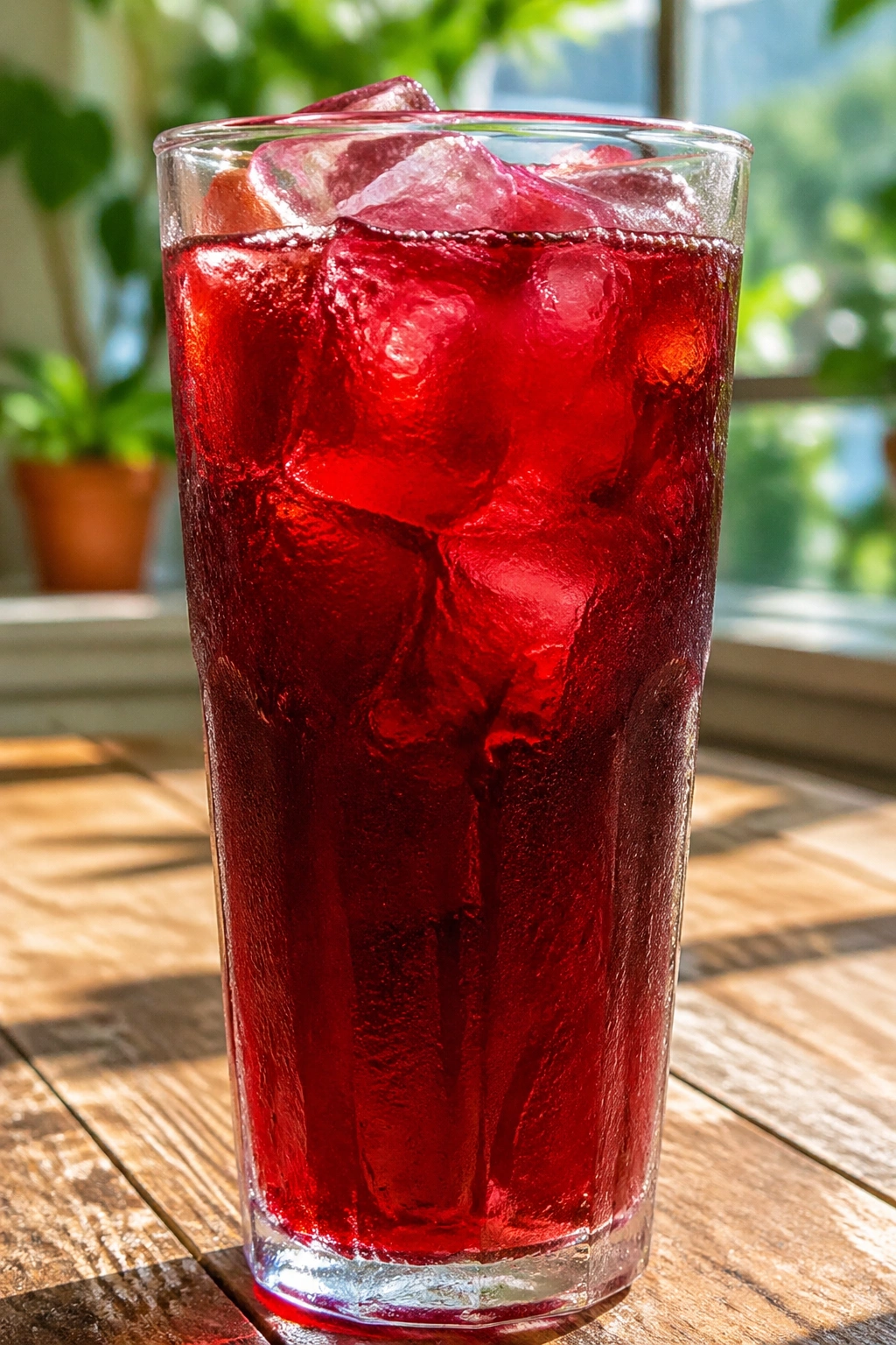 Tall glass of hibiscus iced tea with ice on a wooden table