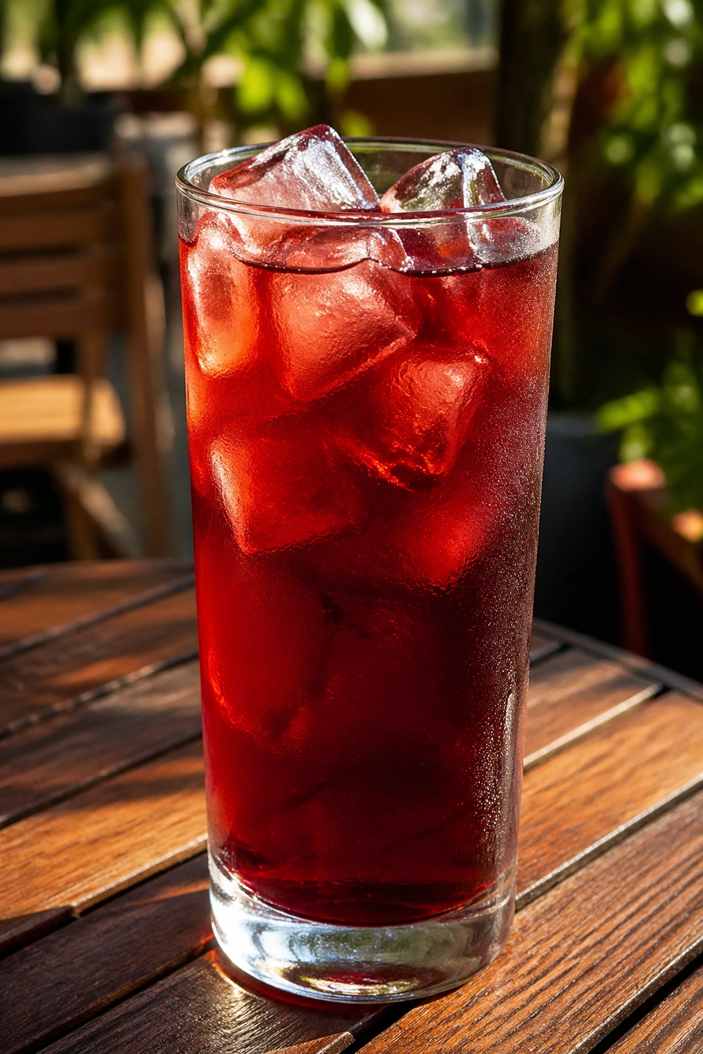 Deep red hibiscus iced tea with ice on an outdoor table