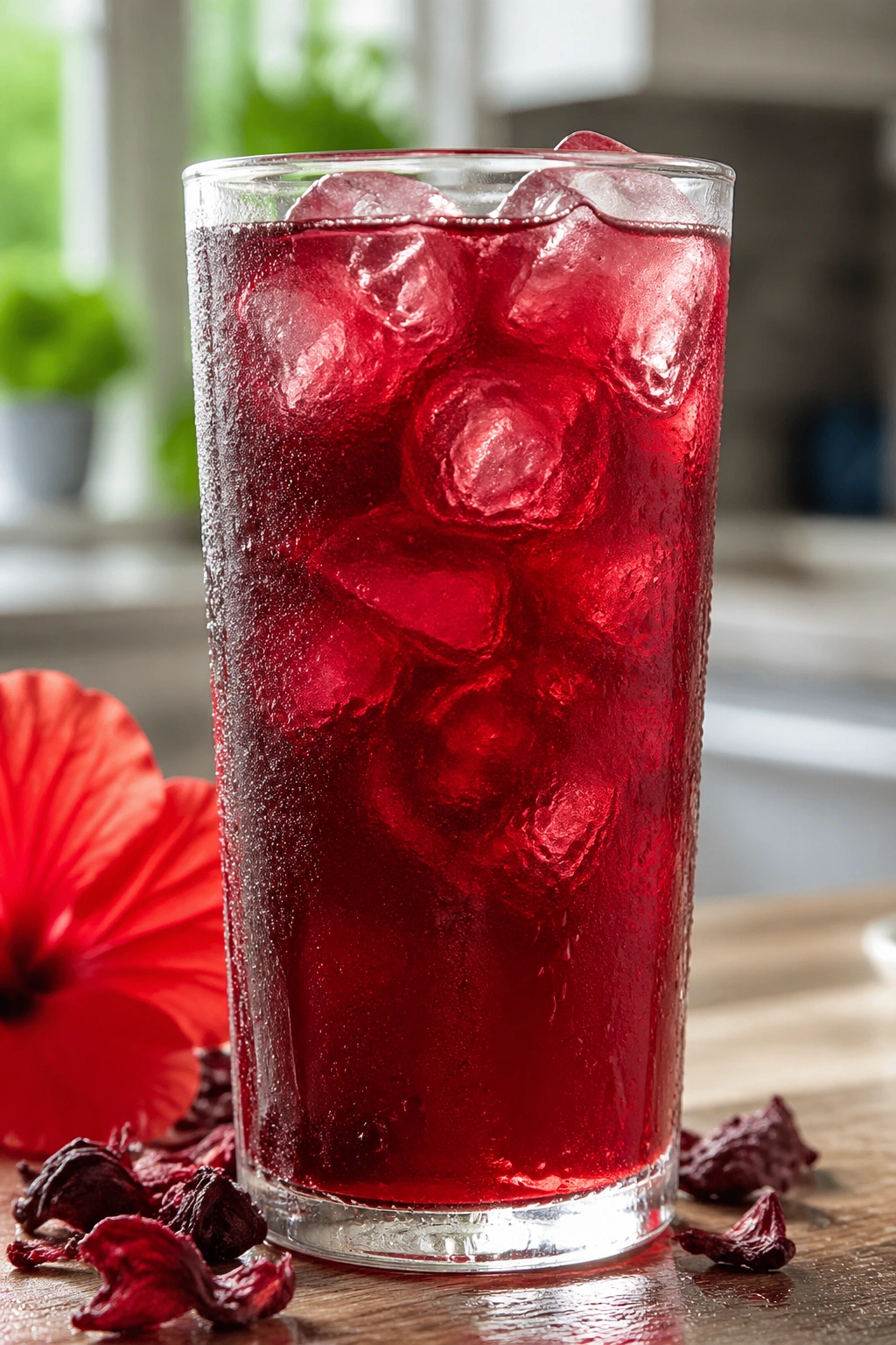 Tall glass of hibiscus iced tea with ice in a sunny kitchen.