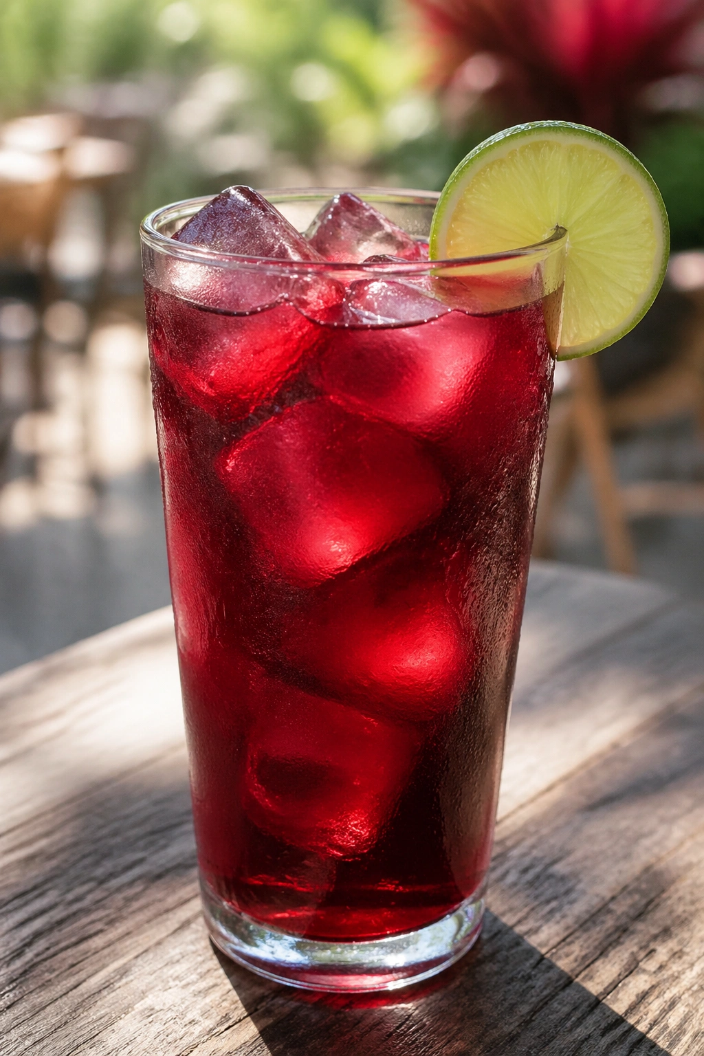 Tall glass of hibiscus iced tea with ice in a sunlit setting