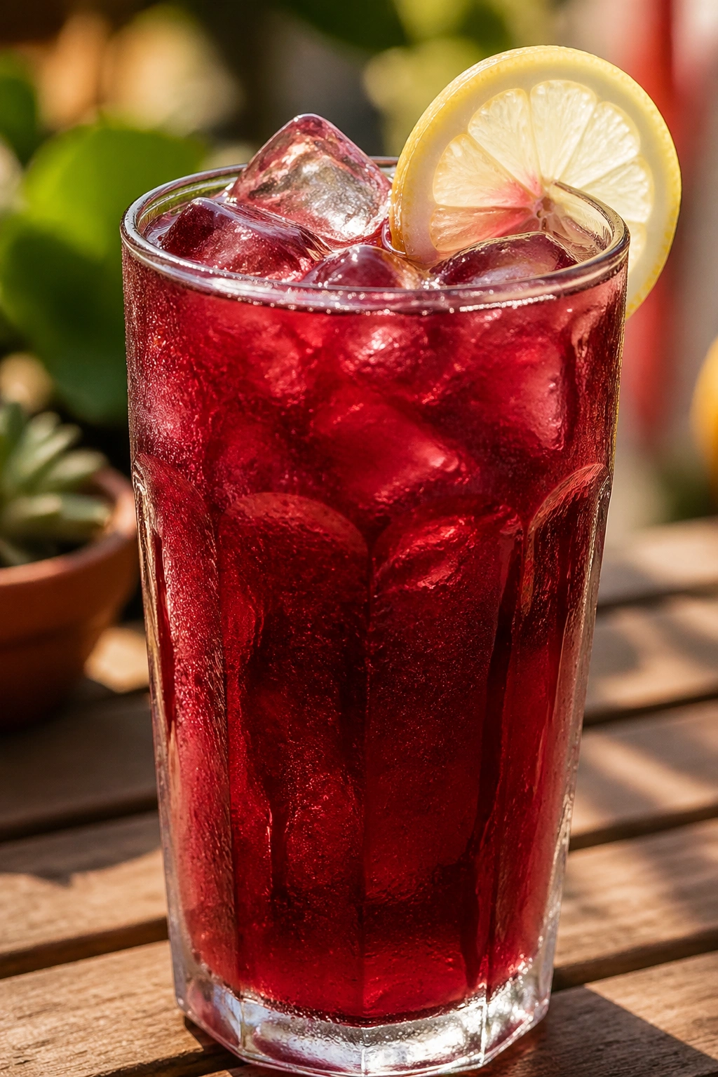 Deep red hibiscus lemon cooler in a glass with ice
