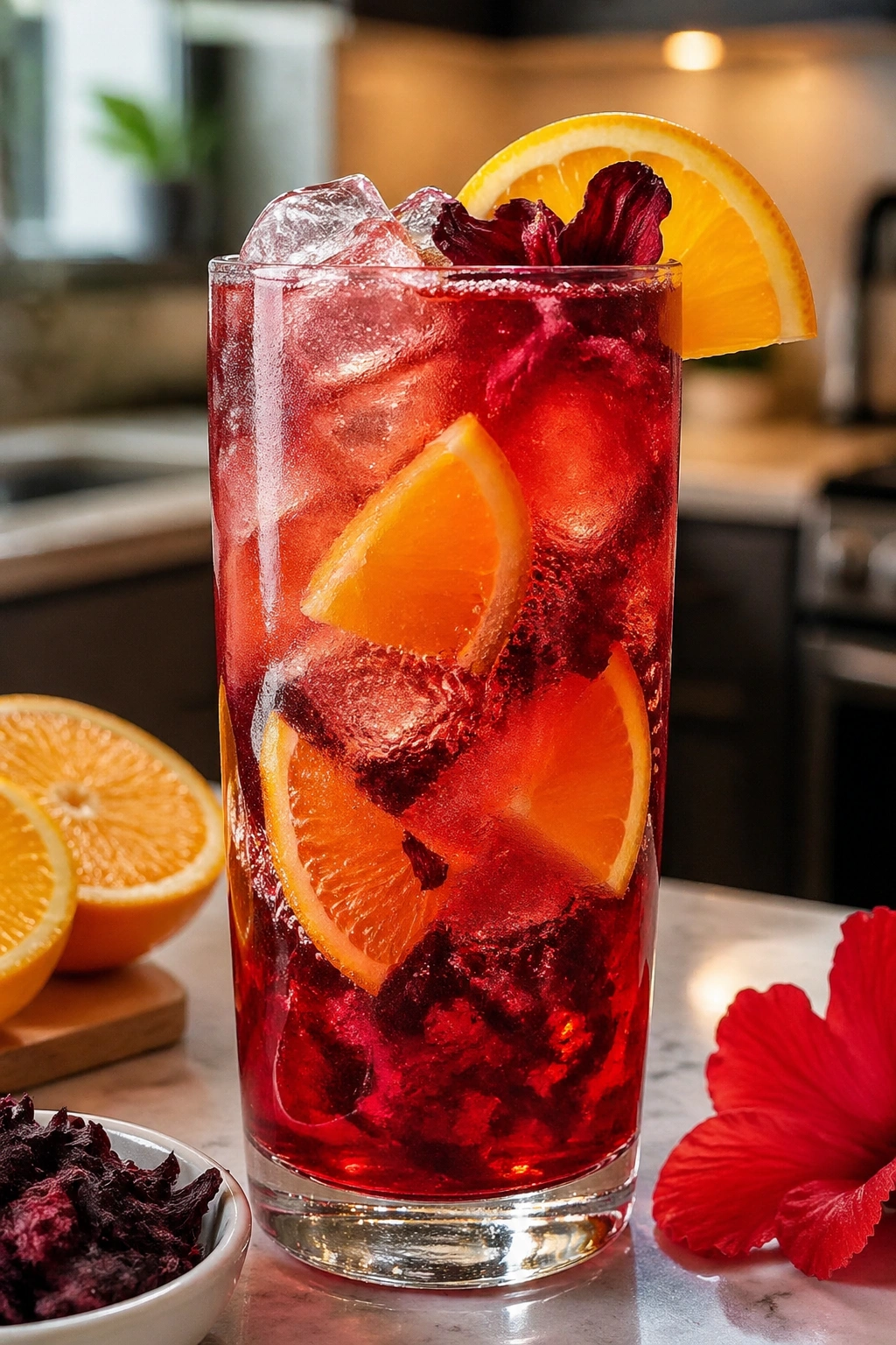 Glass of Hibiscus Orange Green Tea Spritzer with orange slices
