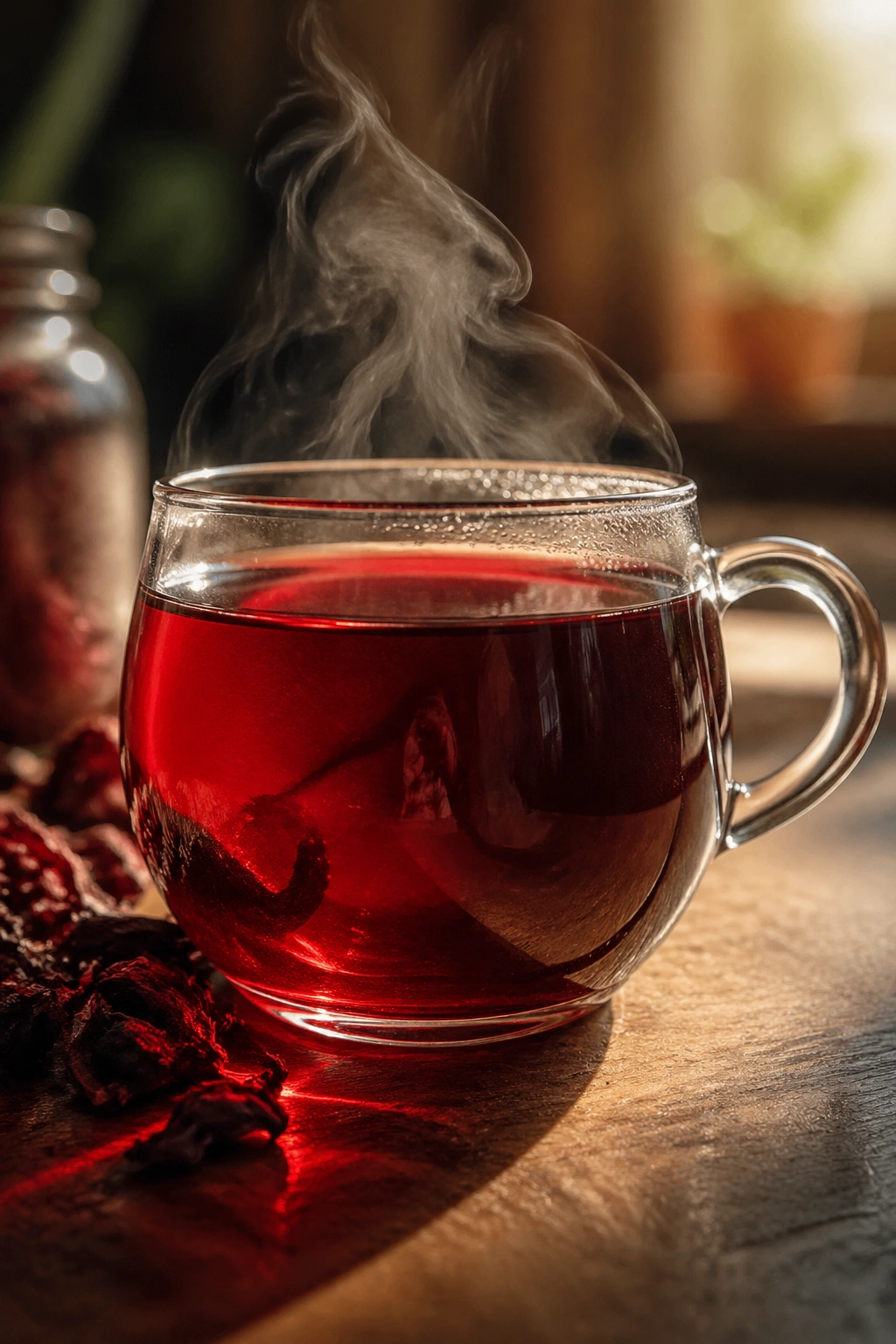 Cup of hibiscus tea with steam on a warm wooden table