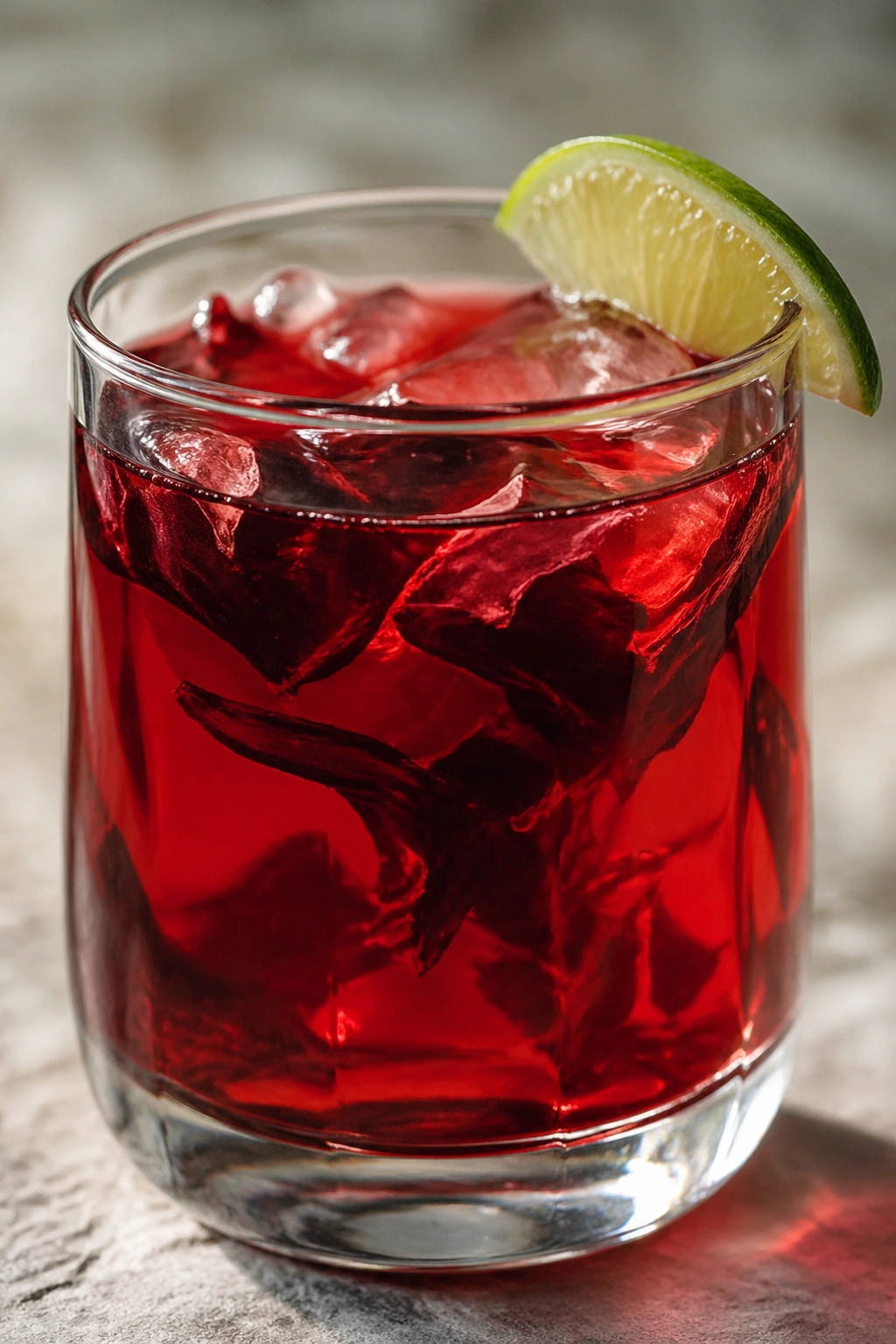 Bright red hibiscus tea in a glass with lime wedge