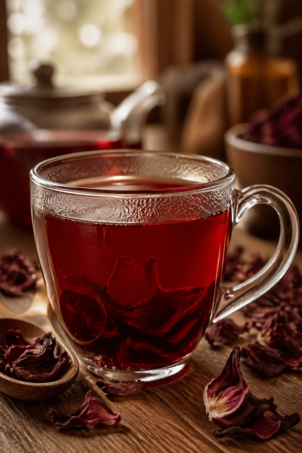 Close-up of red hibiscus tea in a glass mug
