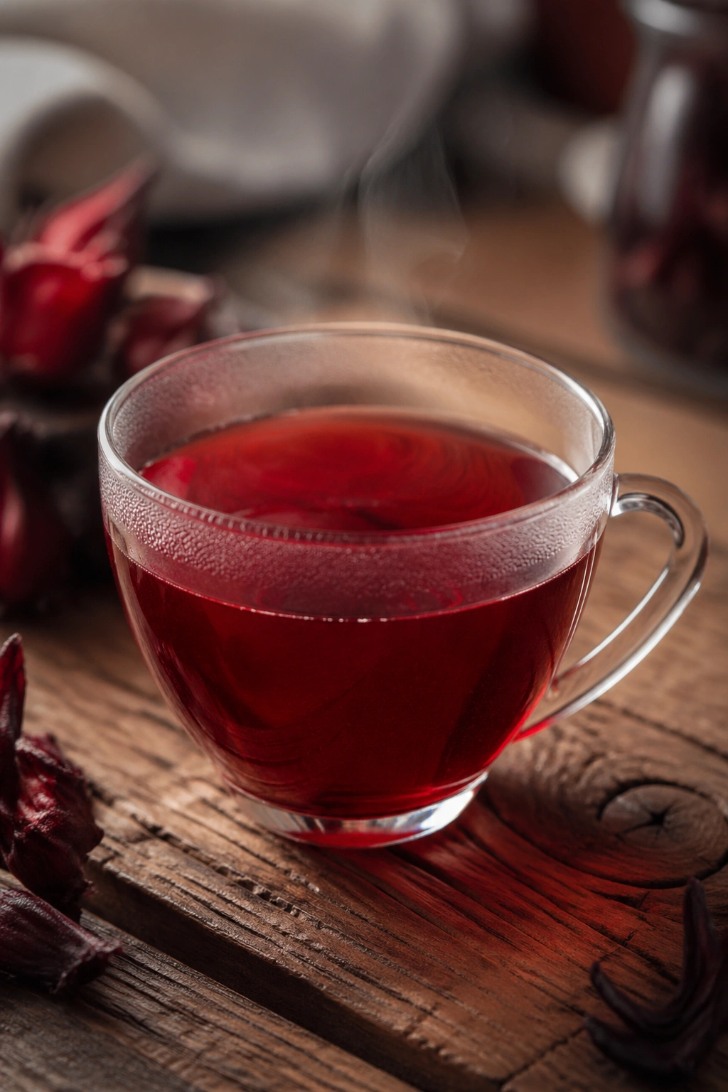 Deep red hibiscus tea in a glass cup