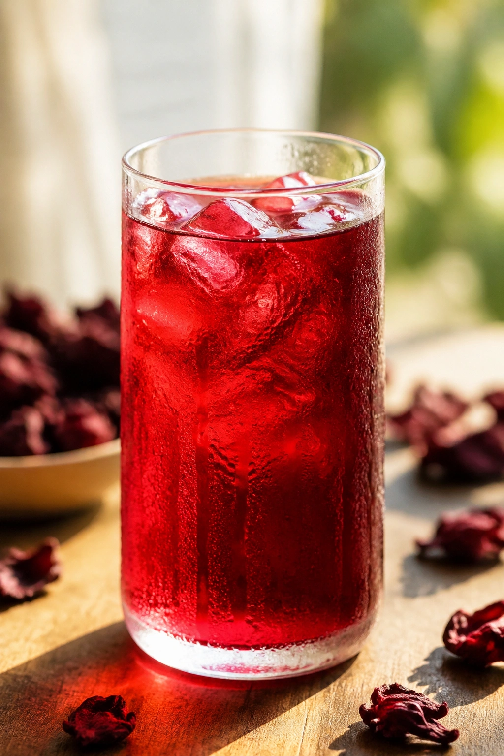 Close-up of ruby-red hibiscus tea in a tall glass