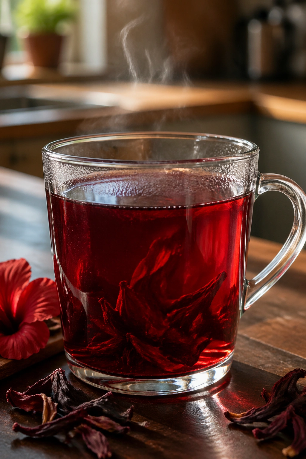 Close-up of hibiscus tea in a ruby-red glass mug on a warm kitchen counter