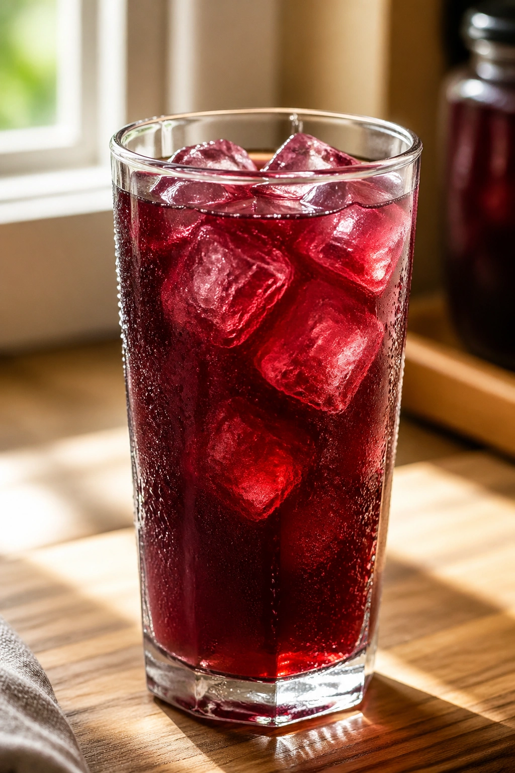 Close-up of ruby-red hibiscus tea in a tall glass on a sunlit kitchen counter