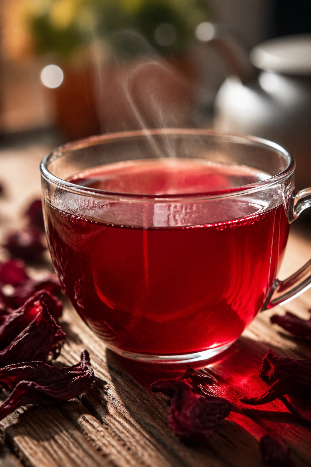 Close-up of a bright hibiscus tea cup on a wooden table.