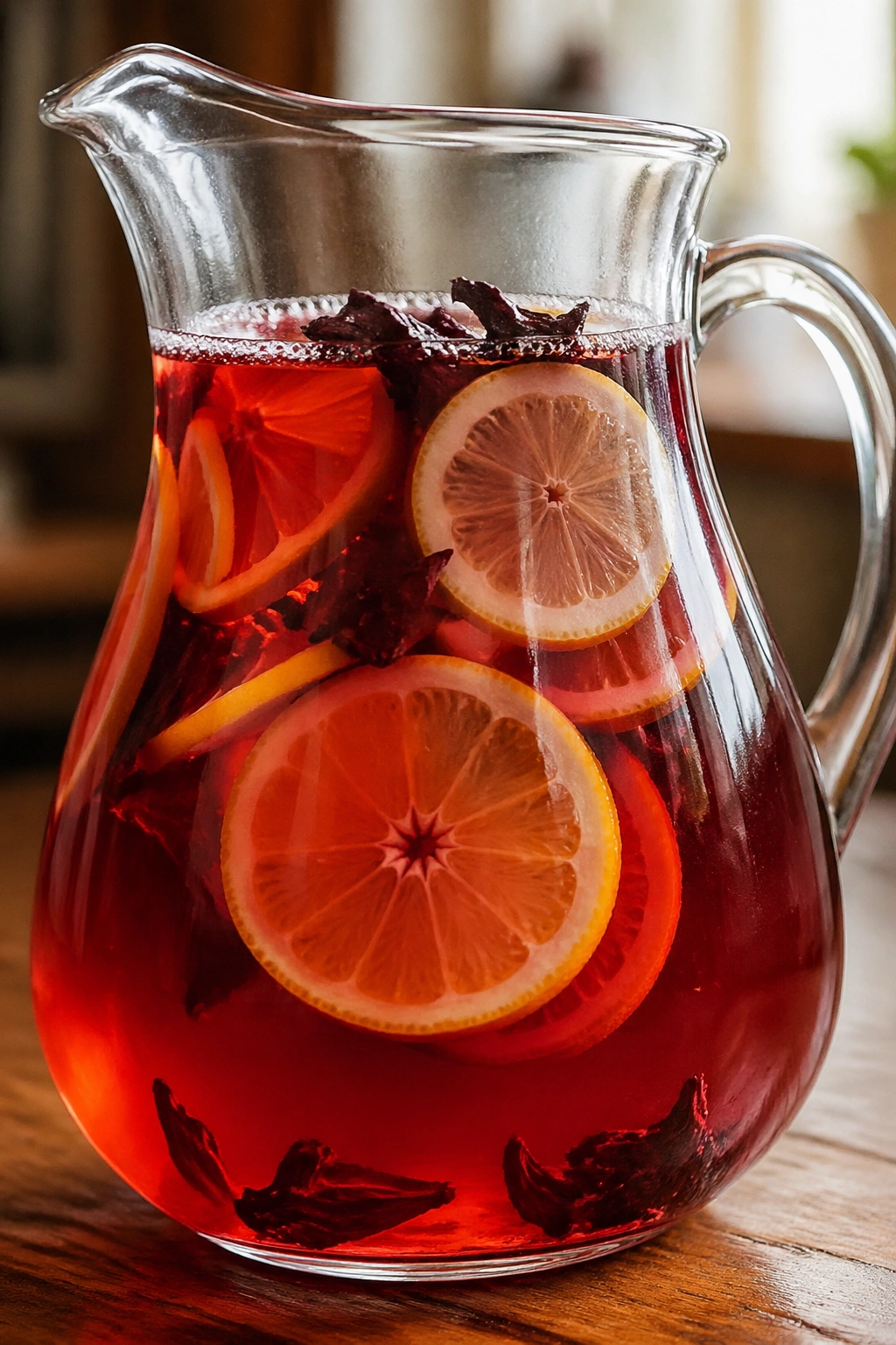 Close-up of hibiscus citrus water in a glass pitcher with hibiscus, orange, and lemon
