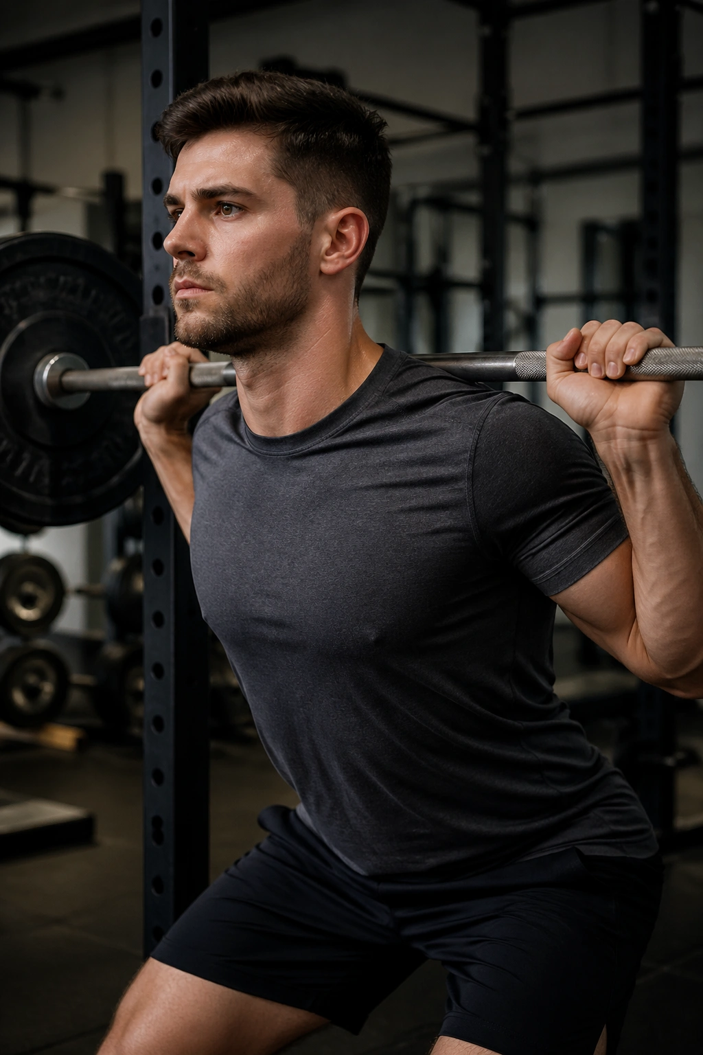 Mid-torso shot of lifter performing high-bar back squat with bar on traps