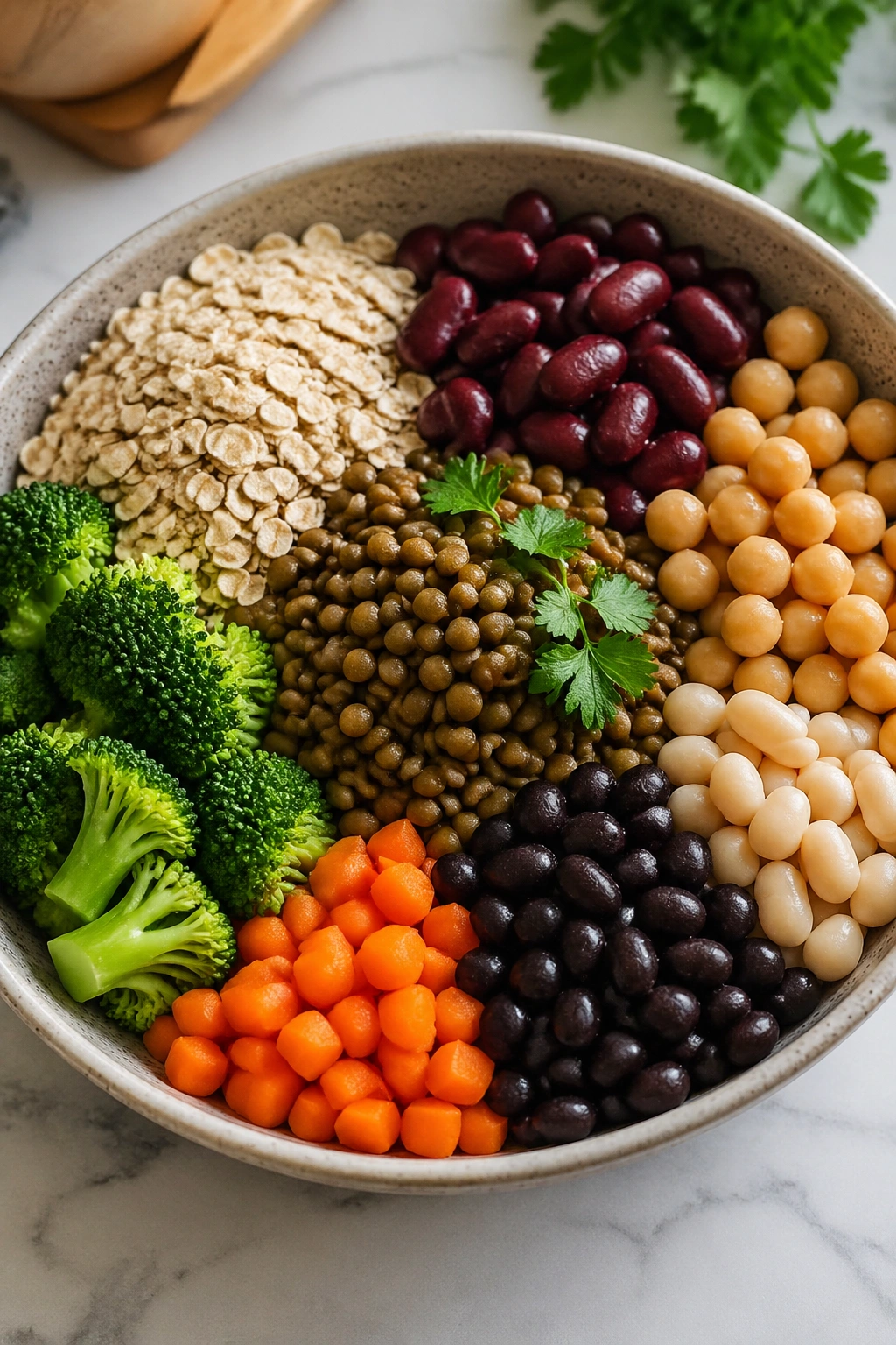 Bright bowl of high-fiber foods like beans and lentils filling the frame