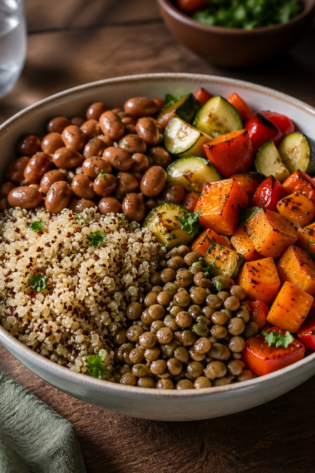 Bowl overflowing with high-fiber foods like beans and lentils on a wooden table