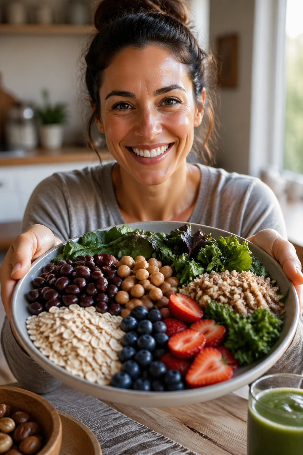 Plate piled with high-fiber foods like beans, greens, berries illustrating fiber intake for fat loss