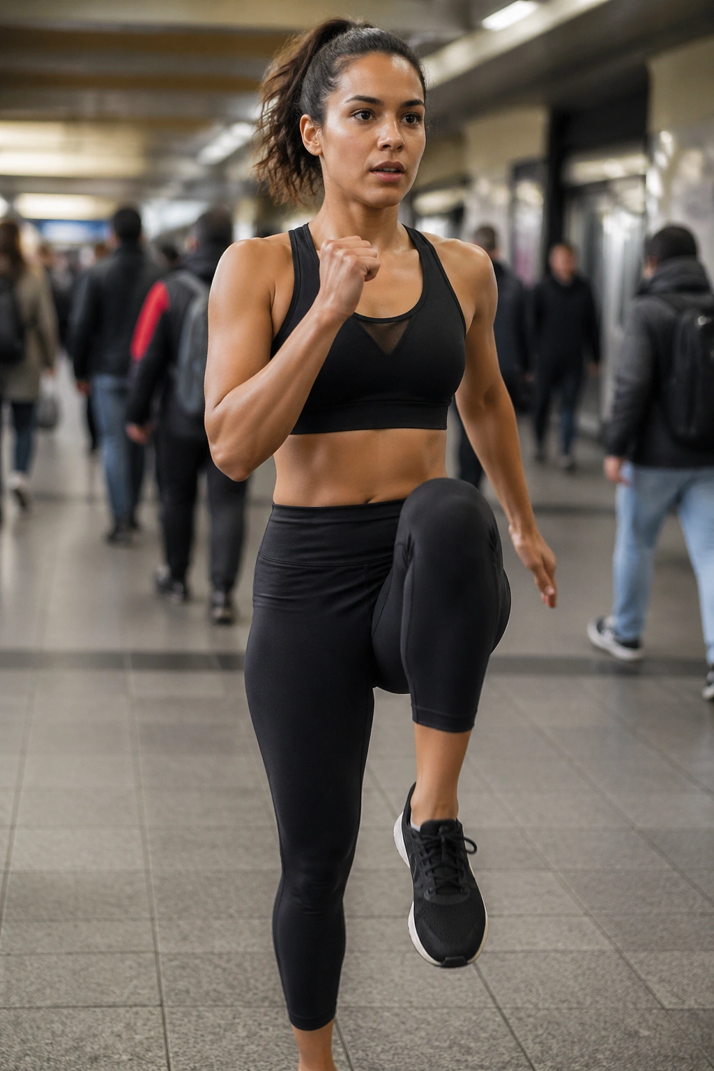 Person performing high-knee march in subway station, knee raised, arms pumping, athletic pose.