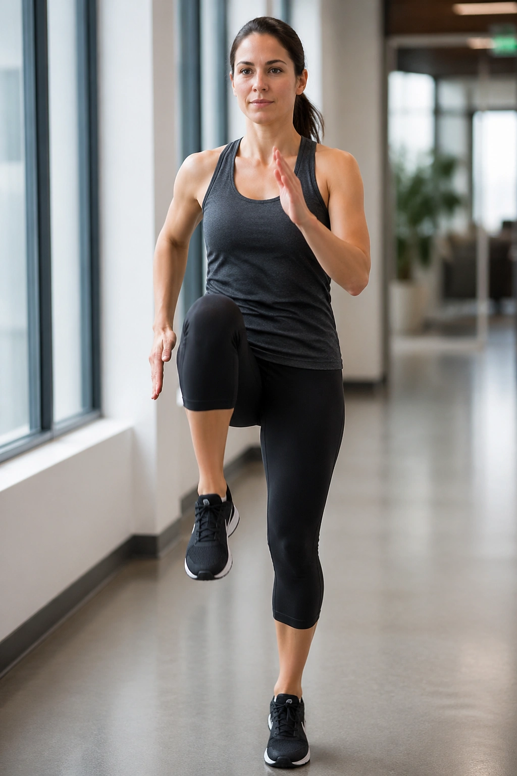 Person performing high-knee march intervals in a bright hallway