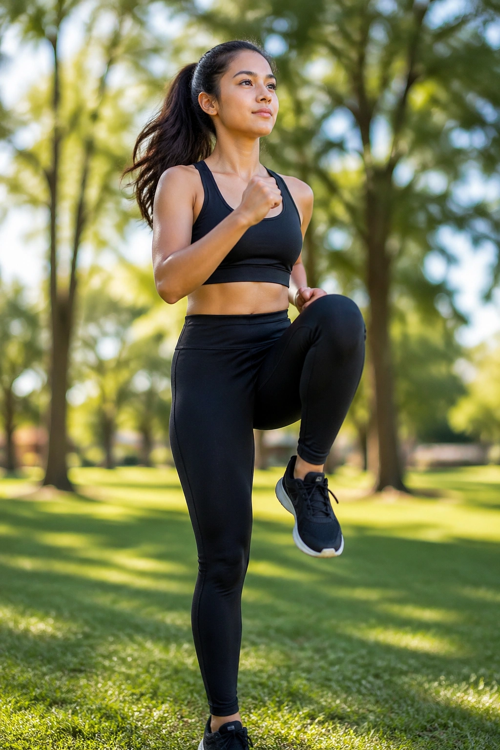 Teen girl performing high-knee march in park for cardio