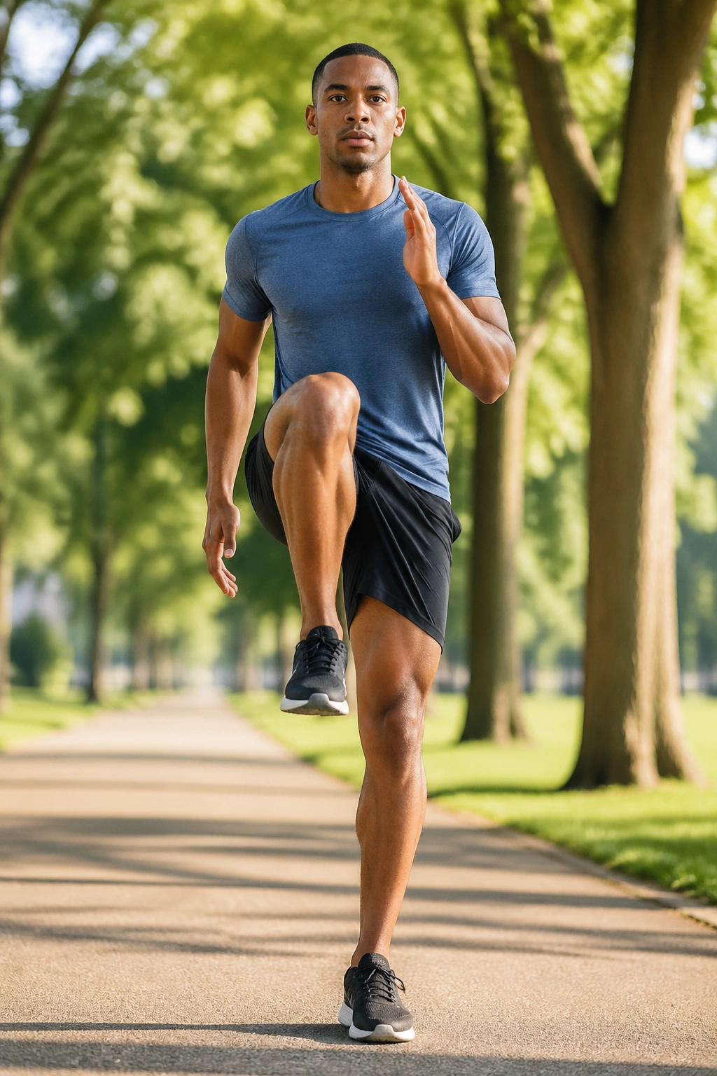 Full-body front view of a person doing high knee marches outdoors