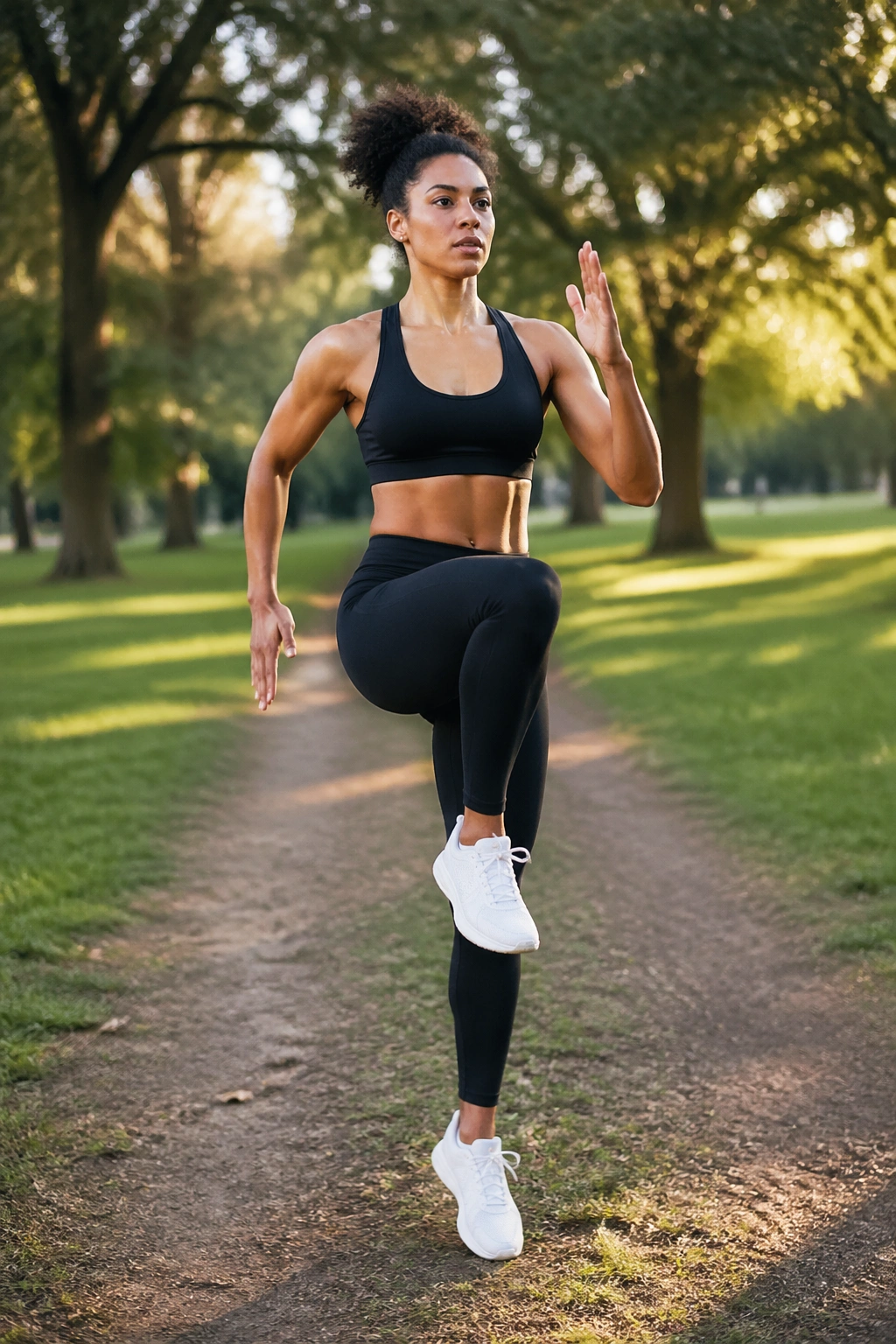 Outdoor scene of a person performing high knees in a park.