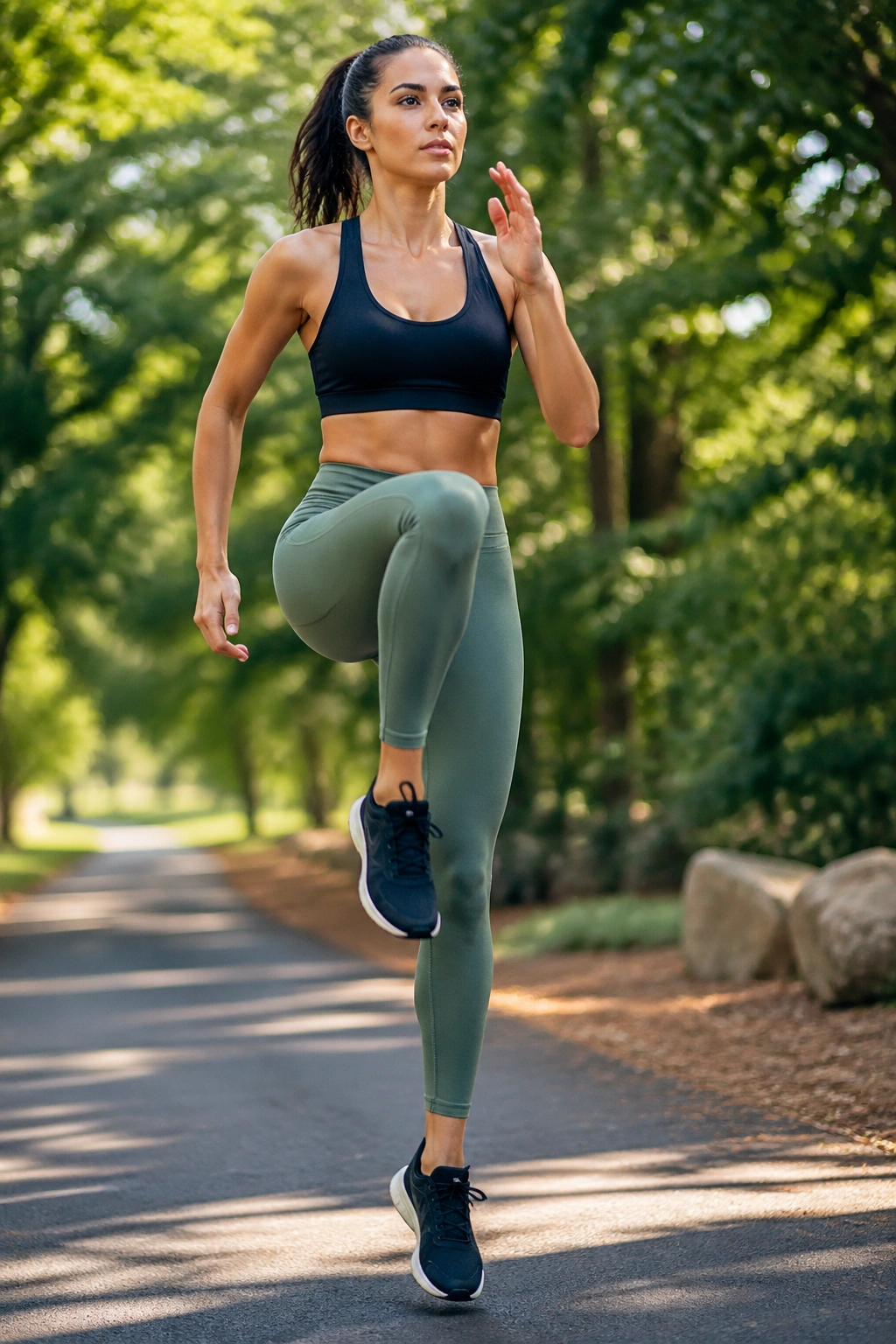Dynamic shot of a person doing high knees during a cardio workout outdoors