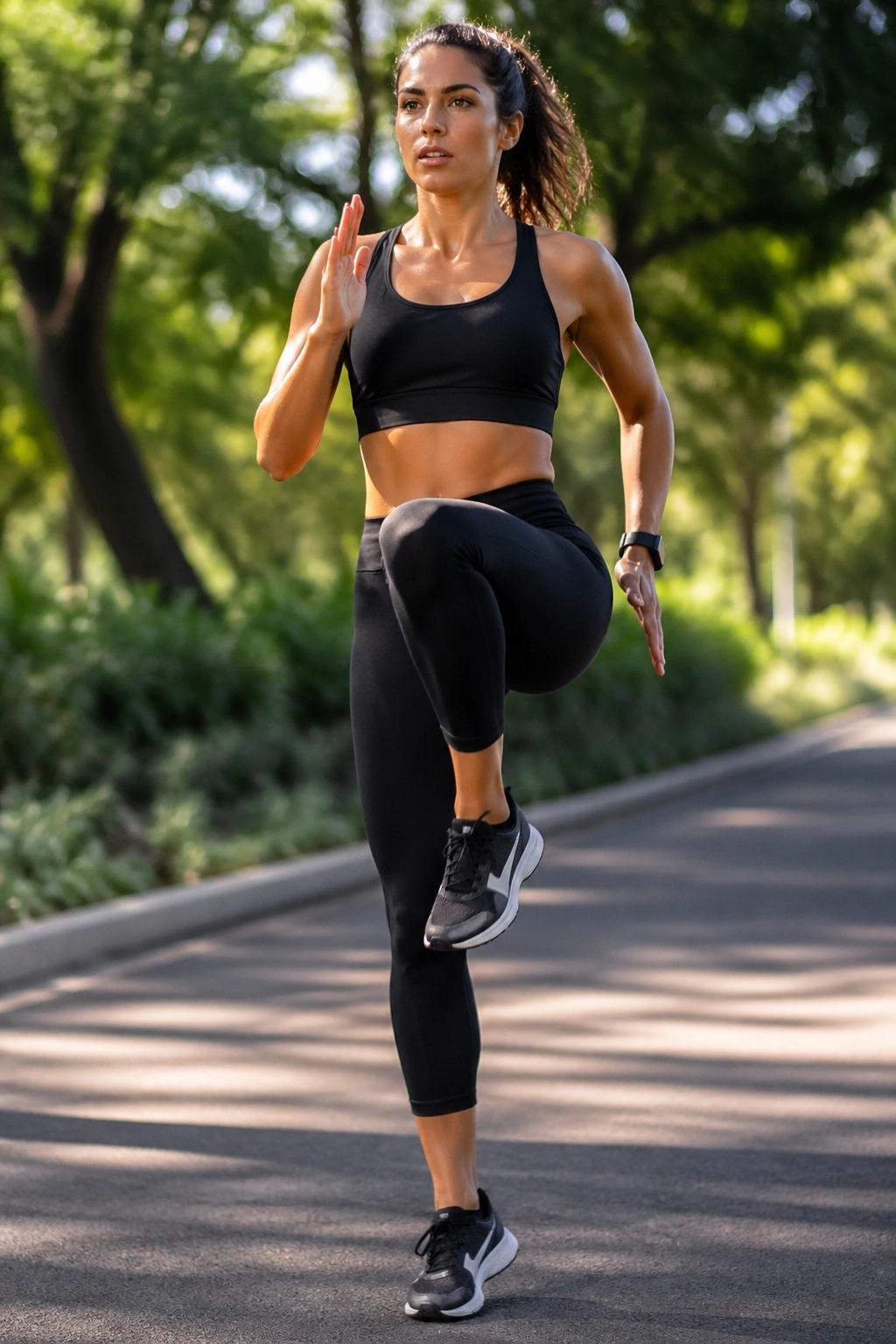 Person performing high knees outdoors